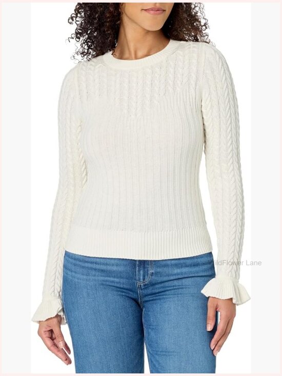 Sweaters - Half Puff Sleeve Crew Neck Pullover Sweater